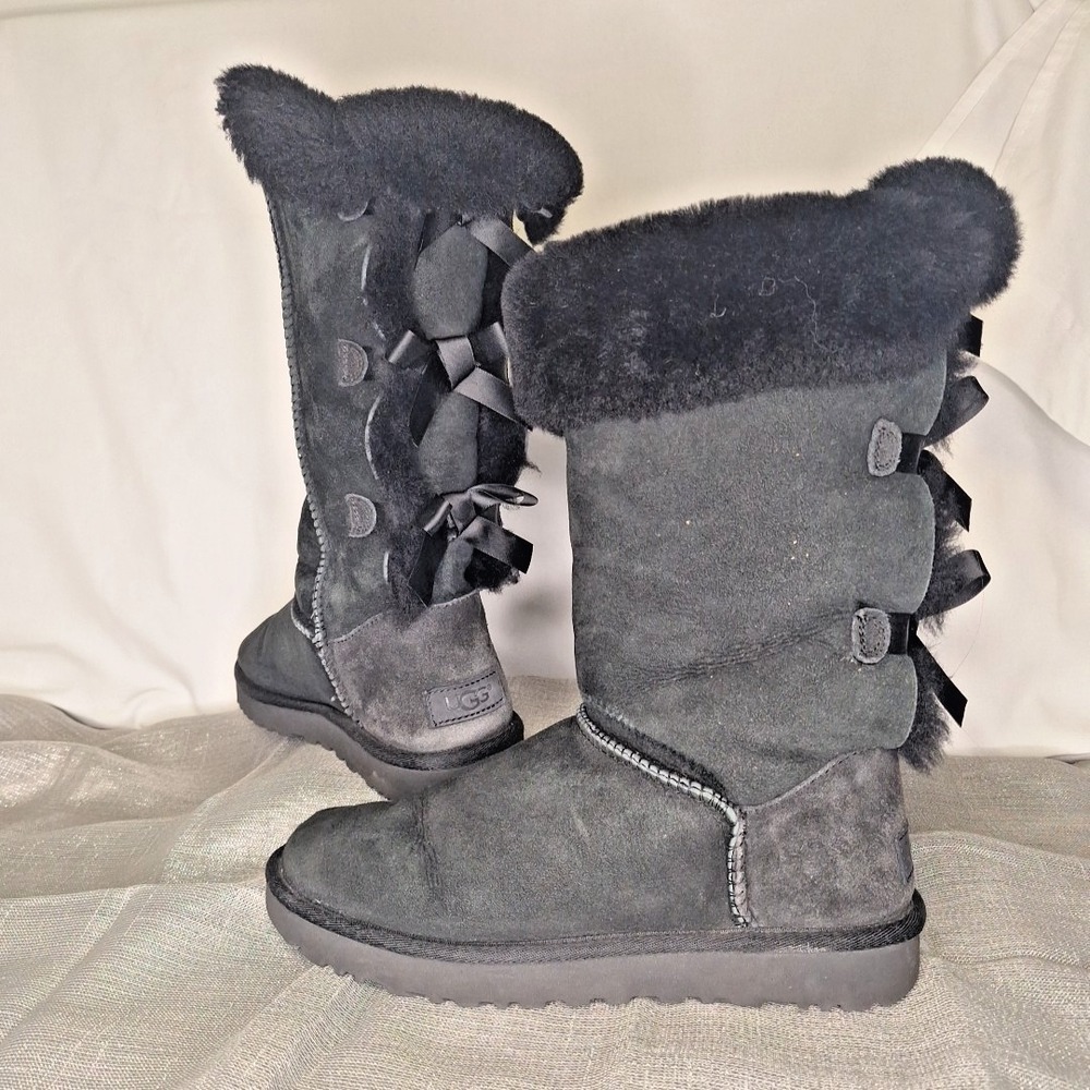 UGG 8 Black Suede Bailey Bow Tall II Knee High Boots Bows Shearling Fur 1016434